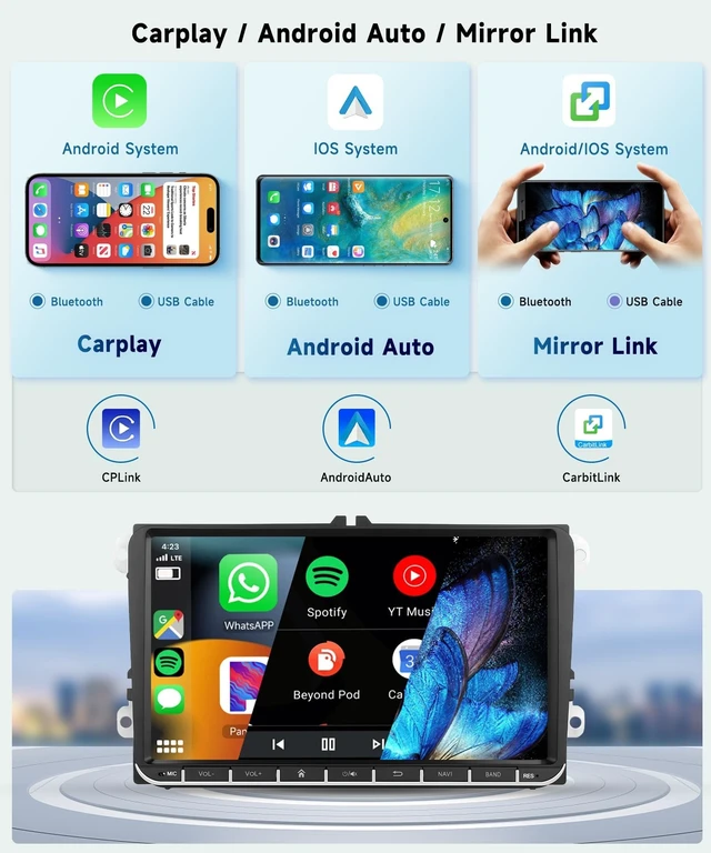 Alt view image 4 of 5 - 8 CORE 4G+64G Android 15 Car Radio for VW Passat Jetta Tiguan Golf MK5 MK6 T5 EOS Polo with Wireless CarPlay Android Auto, 9 Inch IPS Touch Screen Stereo GPS WiFi Bluetooth 32-Band DSP
