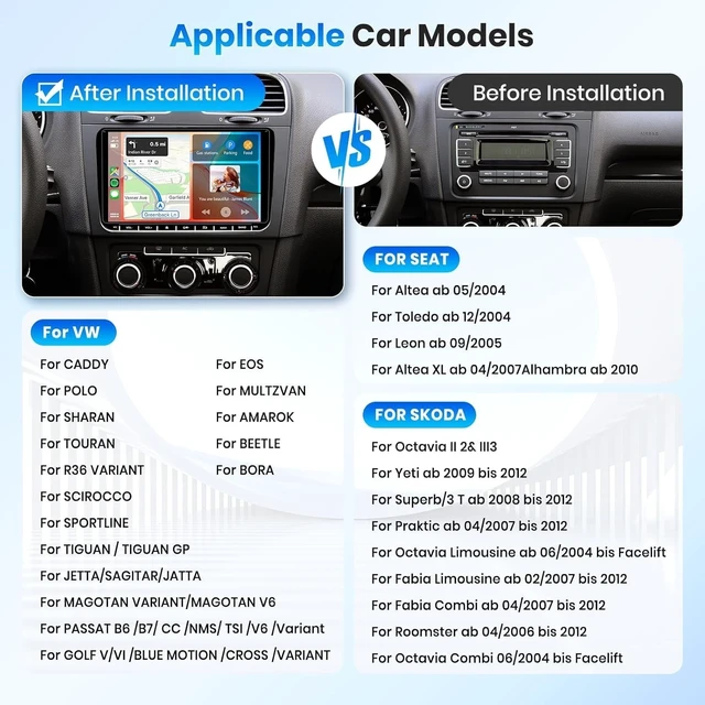 Alt view image 2 of 5 - 8 CORE 4G+64G Android 15 Car Radio for VW Passat Jetta Tiguan Golf MK5 MK6 T5 EOS Polo with Wireless CarPlay Android Auto, 9 Inch IPS Touch Screen Stereo GPS WiFi Bluetooth 32-Band DSP