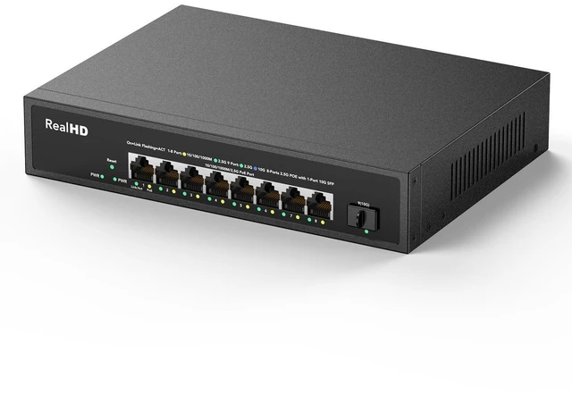 Main image of 8 Port 2.5G Gigabit PoE Switch, 8 Port POE + 1* 10G SFP, IEEE 802.3af/at PoE 135W, Compatible with 100/1000/2500Mbps, Support WiFi6 AP, NAS, PoE Camera NVR, Metal Fanless, Rack Mount