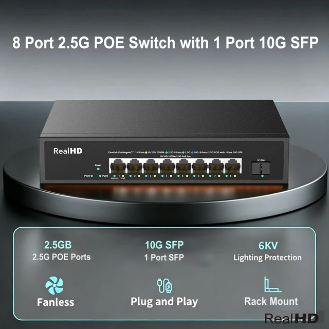 Alt view image 2 of 5 - 8 Port 2.5G Gigabit PoE Switch, 8 Port POE + 1* 10G SFP, IEEE 802.3af/at PoE 135W, Compatible with 100/1000/2500Mbps, Support WiFi6 AP, NAS, PoE Camera NVR, Metal Fanless, Rack Mount