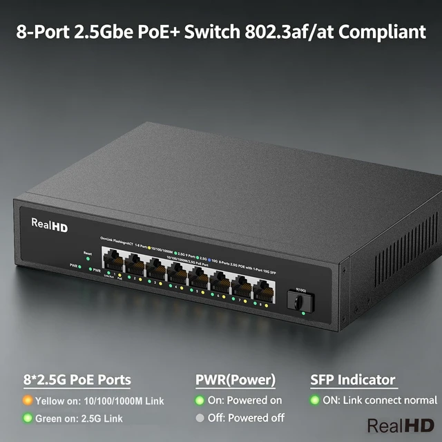 Alt view image 3 of 5 - 8 Port 2.5G Gigabit PoE Switch, 8 Port POE + 1* 10G SFP, IEEE 802.3af/at PoE 135W, Compatible with 100/1000/2500Mbps, Support WiFi6 AP, NAS, PoE Camera NVR, Metal Fanless, Rack Mount