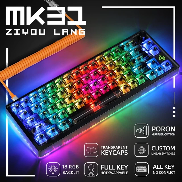 Alt view image 3 of 5 - 65% Hot-Swapped Wired Mechanical Gaming Keyboard with Coiled Cable-Black