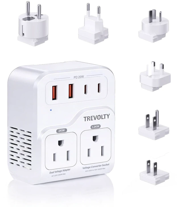 Main image of 2000W Voltage Converter US to Europe for Hair Dryers, 7-in-1 220V to 110V Converter for European Travel with 3 AC/2 USBA/2 USBC Ports (PD20W), European Travel Adapter (White)