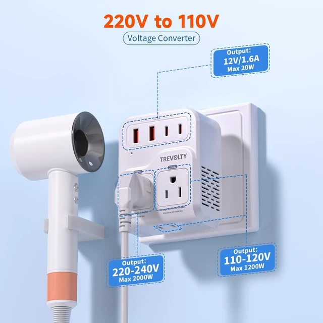 Alt view image 2 of 5 - 2000W Voltage Converter US to Europe for Hair Dryers, 7-in-1 220V to 110V Converter for European Travel with 3 AC/2 USBA/2 USBC Ports (PD20W), European Travel Adapter (White)