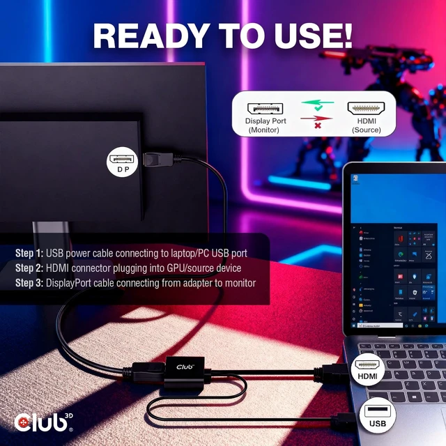Alt view image 4 of 5 - Club 3D HDMI 2.1 to DisplayPort 1.4 Active Adapter Cable - 4K 120Hz 8K 30Hz Converter for PC Laptop Gaming Console to Monitor - USB Powered Male to Female Display Adapter CAC-1335