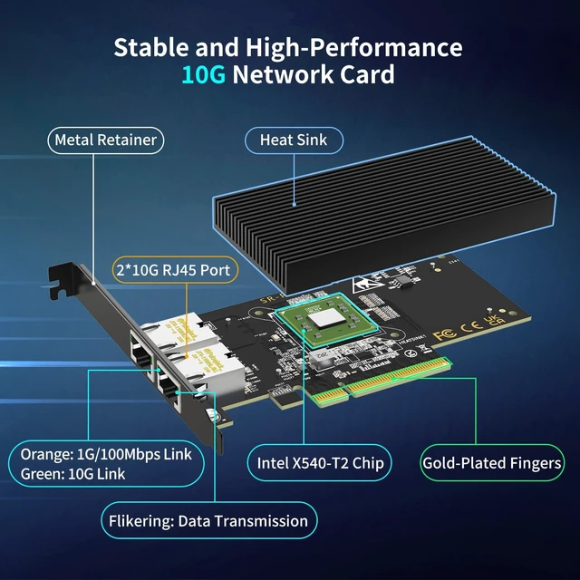 Alt view image 2 of 5 - 10Gb Dual LAN Base-T PCI-e Network Card, Intel X540 Controller, NICGIGA 10Gbps Ethernet Adapter, 2 * 10Gbe RJ45 Port, 10G NIC Card, Support Windows/Windows Server/Linux/Vmware/ESX