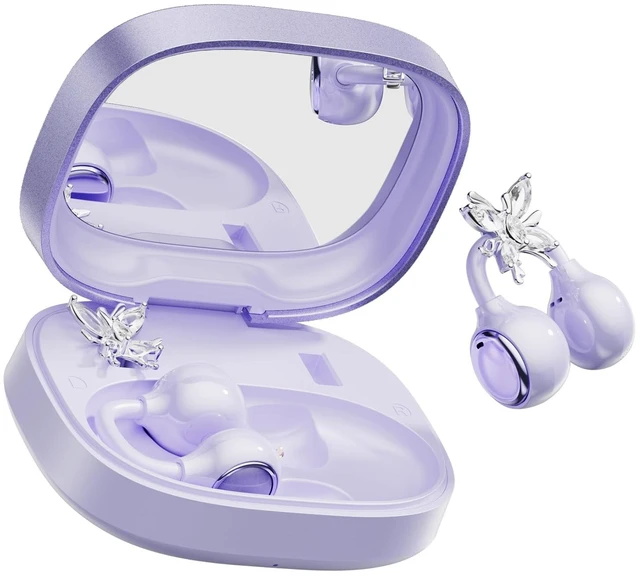 Main image of WUYUEGE Open Ear Clip on Earbuds Bluetooth 6.0, Powder Case with LED Mirror, Detachable Crystal Butterfly Ear Clips & Bracelet, IPX6 40H Playtime, Cute Wireless Earbuds for Women Girls GiftsPur