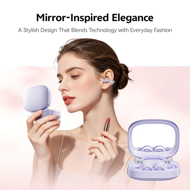 Alt view image 2 of 5 - WUYUEGE Open Ear Clip on Earbuds Bluetooth 6.0, Powder Case with LED Mirror, Detachable Crystal Butterfly Ear Clips & Bracelet, IPX6 40H Playtime, Cute Wireless Earbuds for Women Girls GiftsPur