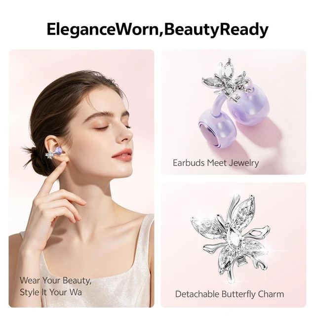 Alt view image 3 of 5 - WUYUEGE Open Ear Clip on Earbuds Bluetooth 6.0, Powder Case with LED Mirror, Detachable Crystal Butterfly Ear Clips & Bracelet, IPX6 40H Playtime, Cute Wireless Earbuds for Women Girls GiftsPur