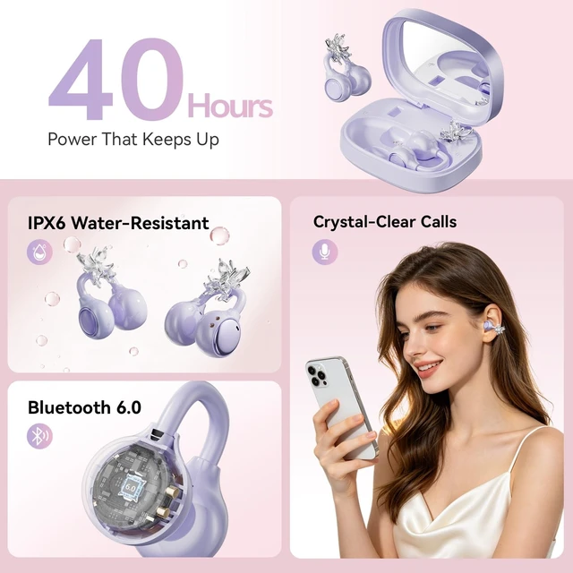 Alt view image 4 of 5 - WUYUEGE Open Ear Clip on Earbuds Bluetooth 6.0, Powder Case with LED Mirror, Detachable Crystal Butterfly Ear Clips & Bracelet, IPX6 40H Playtime, Cute Wireless Earbuds for Women Girls GiftsPur