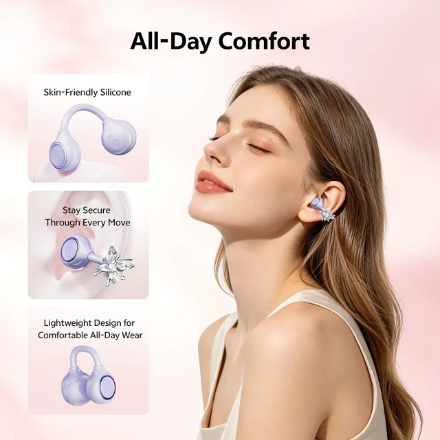 Alt view image 5 of 5 - WUYUEGE Open Ear Clip on Earbuds Bluetooth 6.0, Powder Case with LED Mirror, Detachable Crystal Butterfly Ear Clips & Bracelet, IPX6 40H Playtime, Cute Wireless Earbuds for Women Girls GiftsPur