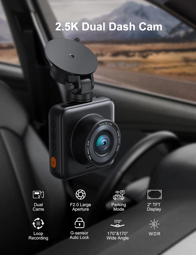 Alt view image 2 of 5 - iZEEKER 2.5K Dash Cam Front and Rear with SD Card, 1440P Car Camera Dashboard, Dual Dashcam for Cars 170 Wide Angle, G-Sensor, Night Vision, 24H Parking Monitor Support, WDR