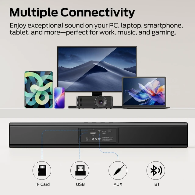 Alt view image 4 of 5 - Computer Speakers for Desktop PC, 2.0 Channel PC Speakers with Dual Bass Diaphragm, Bluetooth 6.0 & 3.5mm Aux-in PC Soundbar, Compact Computer Sound Bar for Desktop/Laptop/Monitor/Tablet/Gaming Setup