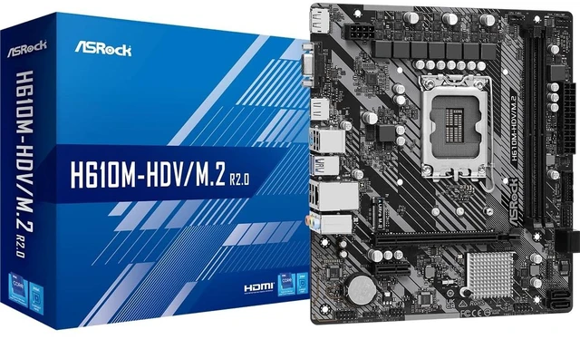 Main image of ASRock H610M-HDV/M.2 R2.0 Micro-ATX Motherboard, Supports Intel 14th/13th/12th Gen Core Processors (LGA1700), DDR4 3200, PCIe 4.0, Ultra M.2, Triple Display