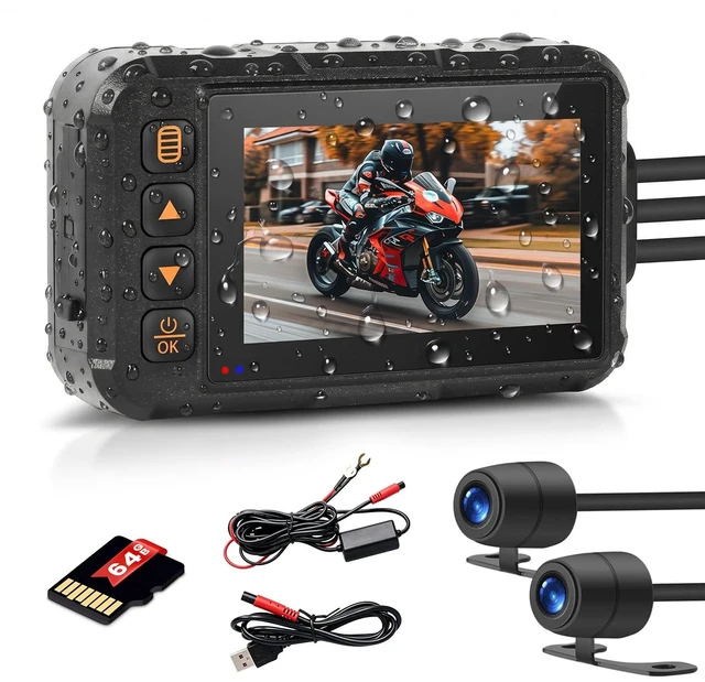 Main image of Motorcycle Dash Cam 720P Front + 480P Rear, IP67 Waterproof Car DVR