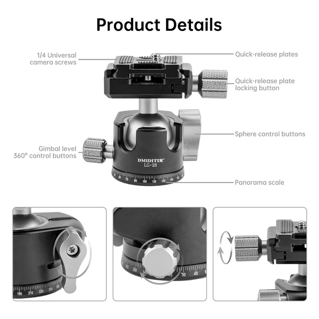 Alt view image 2 of 5 - DMIDITIR 28mm Tripod Ball Head, Aluminum Alloy Panoramic Head