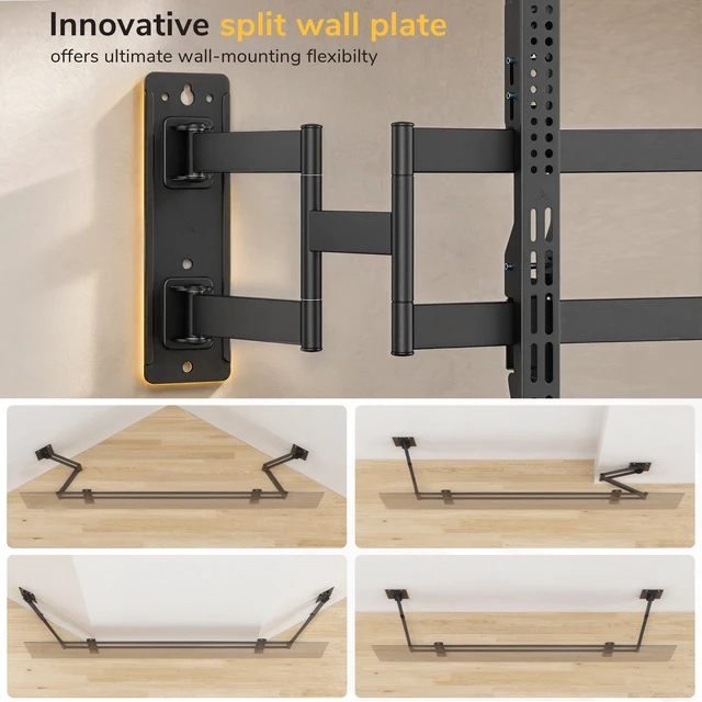 Alt view image 2 of 5 - Mount-It! Corner TV Wall Mount for 4390 Inch TVs, Full Motion Split Wall Plate, Fits Flat, Inside & Outside Corners, Dual Arm, 176 lbs, VESA 200x200600x400mm, Black