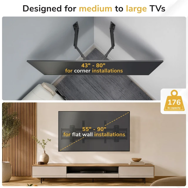 Alt view image 4 of 5 - Mount-It! Corner TV Wall Mount for 4390 Inch TVs, Full Motion Split Wall Plate, Fits Flat, Inside & Outside Corners, Dual Arm, 176 lbs, VESA 200x200600x400mm, Black