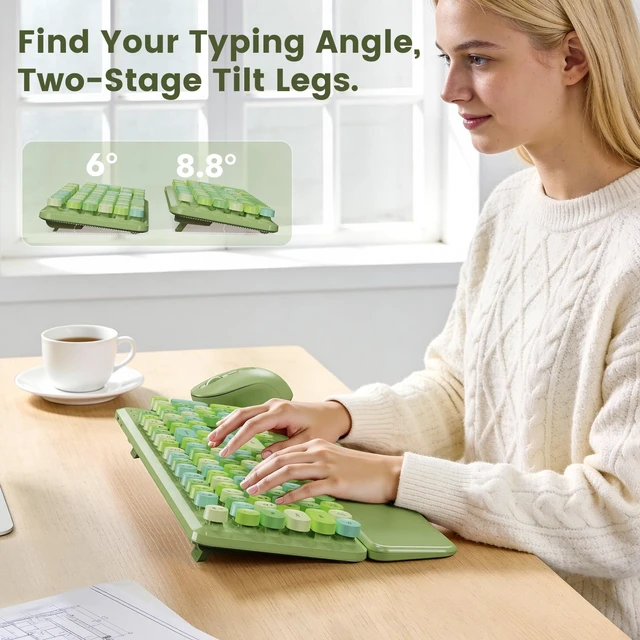 Alt view image 5 of 5 - Wireless Keyboard and Mouse Combo, Magnetic Wrist Rest, Round Keycap, Green