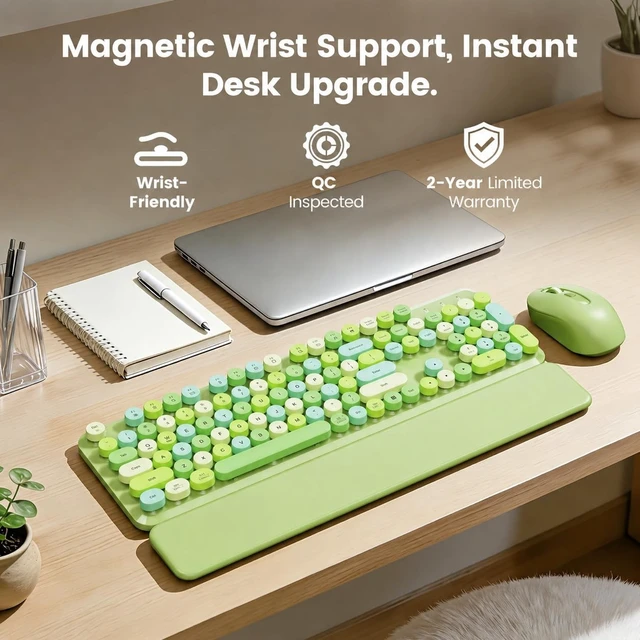 Alt view image 2 of 5 - Wireless Keyboard and Mouse Combo, Magnetic Wrist Rest, Round Keycap, Green