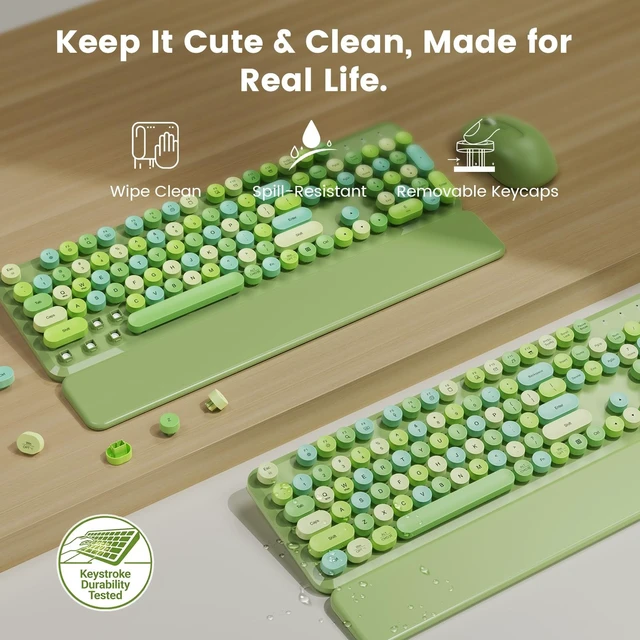 Alt view image 4 of 5 - Wireless Keyboard and Mouse Combo, Magnetic Wrist Rest, Round Keycap, Green