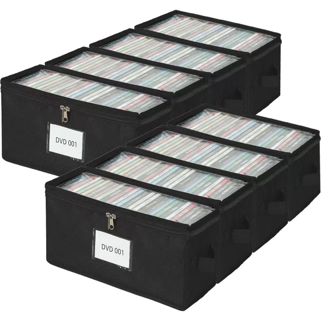 Main image of ComfortKeeper 8 Pack Durable Fabric DVD Storage Box with Clear PVC Lid, Holds 25 Standard DVD Cases, Sturdy Non-Woven Fabric with Cardboard Support for Movie Collection, Black