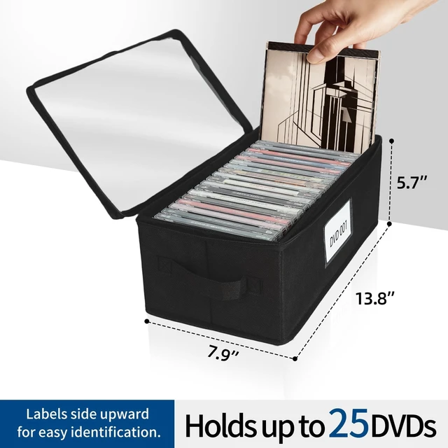 Alt view image 4 of 5 - ComfortKeeper 8 Pack Durable Fabric DVD Storage Box with Clear PVC Lid, Holds 25 Standard DVD Cases, Sturdy Non-Woven Fabric with Cardboard Support for Movie Collection, Black