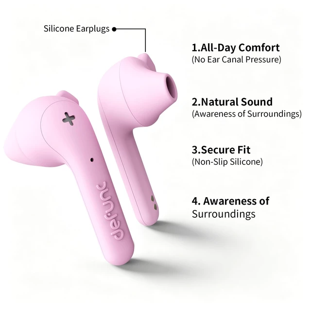 Alt view image 2 of 5 - Defunc True Basic Wireless Earbuds, Bluetooth 6.0, Patented MultiTip Semi-in-Ear Design with Silicone Ear Wings, AI App Support, Quad Microphones,Waterproof, 22H Playtime, Secure Fit Earbuds (P