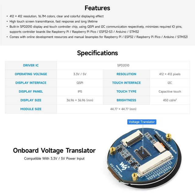 Alt view image 5 of 5 - KLAYERS 1.46inch Touch LCD Module, 412x412, QSPI/I2C, SPD2010