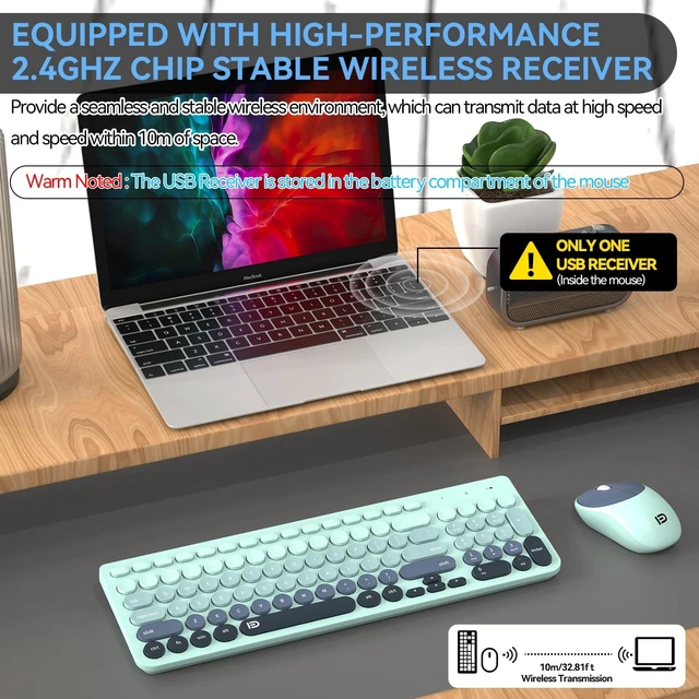 Alt view image 5 of 5 - Wireless Keyboards Mouse Combos, Colorful Cute Typewriter Full-Size Retro Round Keycaps, 2.4GHz Cordless Connection Sleep Mode Office Wireless Keyboard and Mouse Set for Desktop Laptop P