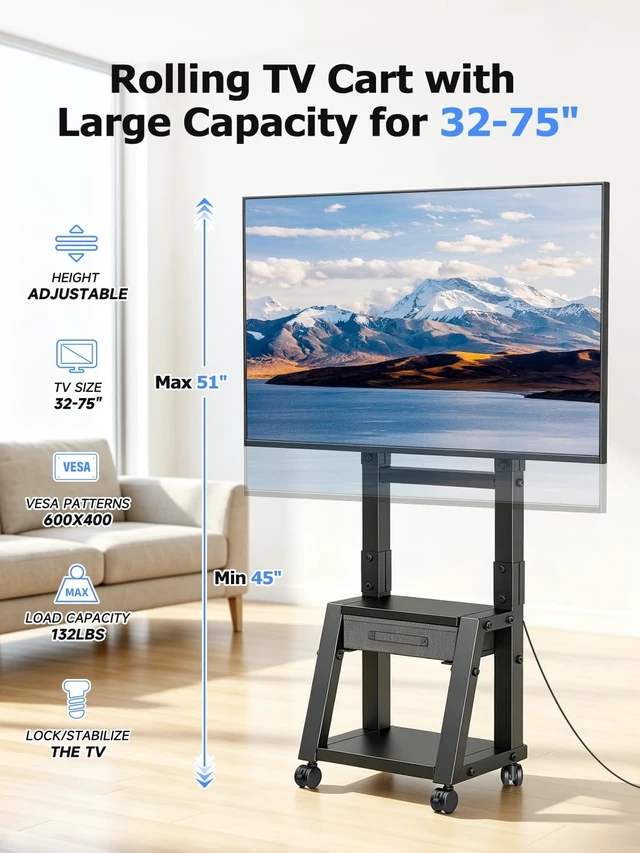 Alt view image 3 of 5 - Suptek Mobile TV Cart with Storage Drawer for 32-75 inch Flat/Curved TVs
