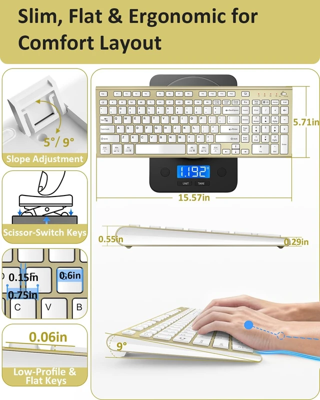 Alt view image 4 of 5 - FENIFOX Wireless Keyboard, Silent Flat Soft Cover with Number Pad (White and Gold)