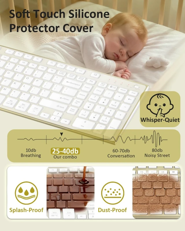 Alt view image 3 of 5 - FENIFOX Wireless Keyboard, Silent Flat Soft Cover with Number Pad (White and Gold)