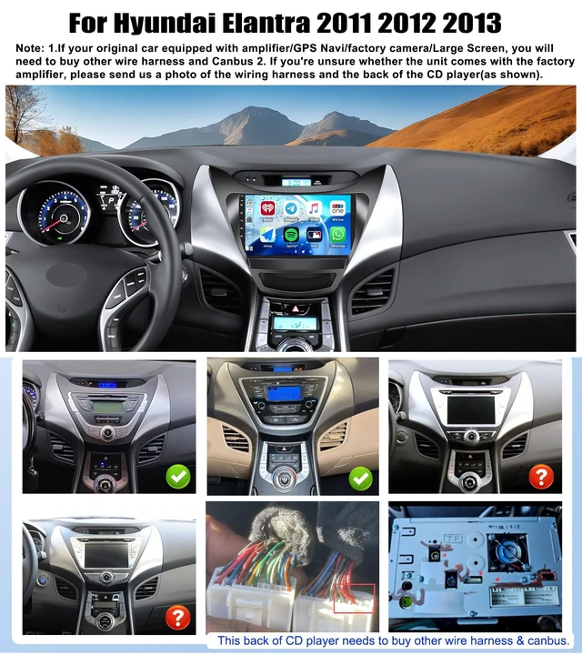 Alt view image 2 of 5 - Car Radio for Hyundai Elantra 2011 2012 2013 Wireless CarPlay Android Auto