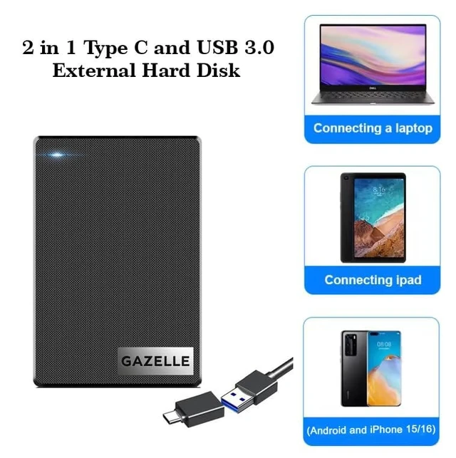Alt view image 2 of 5 - GAZELLE High-Speed 500GB Ultra Slim Portable External Hard Drive - 2-in-1 Type C & USB 3.0, Compatible with PC, Mac, Laptop, PS4, Xbox, iPad, Tablet, Mobile (Black) - 1 Year Warranty