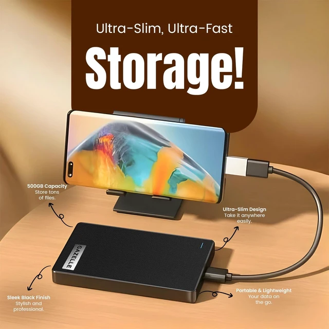 Alt view image 4 of 5 - GAZELLE High-Speed 500GB Ultra Slim Portable External Hard Drive - 2-in-1 Type C & USB 3.0, Compatible with PC, Mac, Laptop, PS4, Xbox, iPad, Tablet, Mobile (Black) - 1 Year Warranty