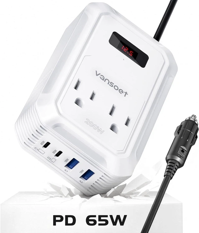Main image of 200W Car Power Inverter, DC 12V to 110V AC, PD 65W/30W USB C & QC 18W Ports
