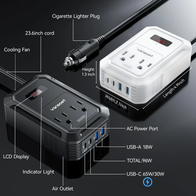 Alt view image 5 of 5 - 200W Car Power Inverter, DC 12V to 110V AC, PD 65W/30W USB C & QC 18W Ports