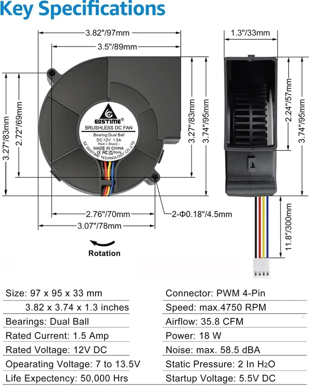 Alt view image 2 of 5 - GDSTIME 97mm x 33mm 4 Pin PWM Blower 12V, High Airflow DC Centrifugal Fan