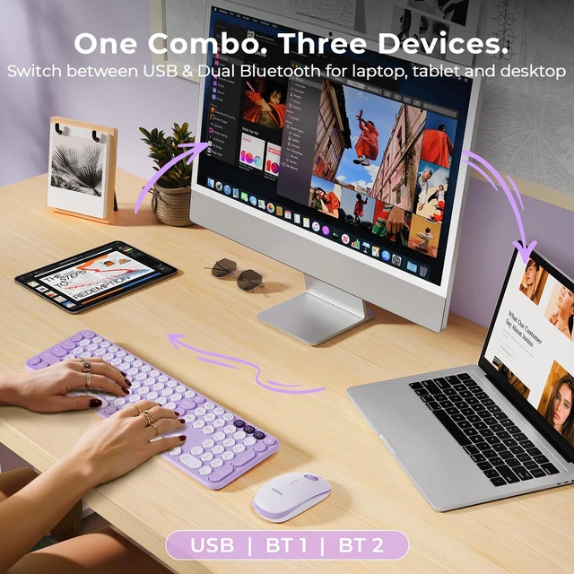 Alt view image 2 of 5 - seenda COE202 Wireless Bluetooth Keyboard and Mouse Combo, Star Purple
