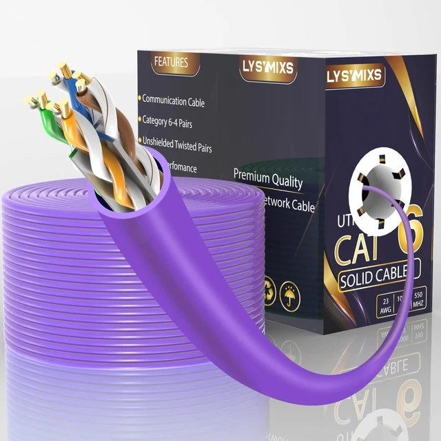 Main image of Lysymixs Cat6 Ethernet Cable 1000FT Channel Test Pass, Cat6 1000ft Ethernet Cable 23AWG Solid CCA, Cat6 Cable 550MHZ 10G with Easy Pull Box Purple