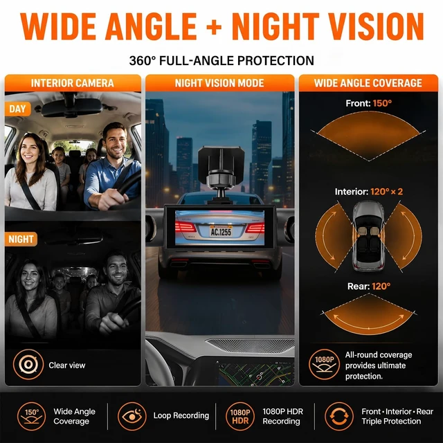 Alt view image 4 of 5 - Dash Cam 3.16 Inch 1080P 4 Channel Dash Camera for Cars with 360 Degree Protection Loop Recording Reverse Help Driving Exposure Compensation Motion Detection Easy Installation