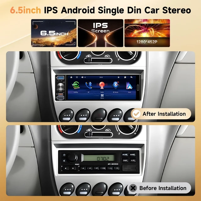 Alt view image 2 of 5 - Single Din Stereo Receiver 6.5'' Touchscreen Wireless CarPlay Android Auto