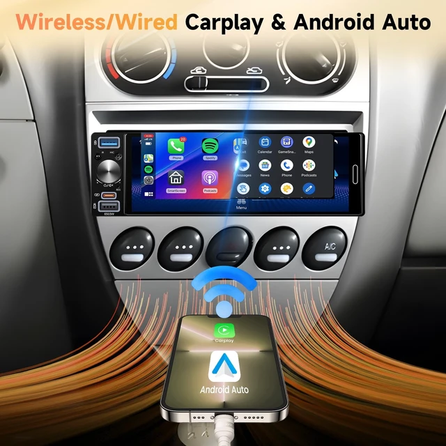 Alt view image 3 of 5 - Single Din Stereo Receiver 6.5'' Touchscreen Wireless CarPlay Android Auto