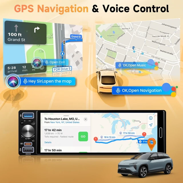 Alt view image 4 of 5 - Single Din Stereo Receiver 6.5'' Touchscreen Wireless CarPlay Android Auto