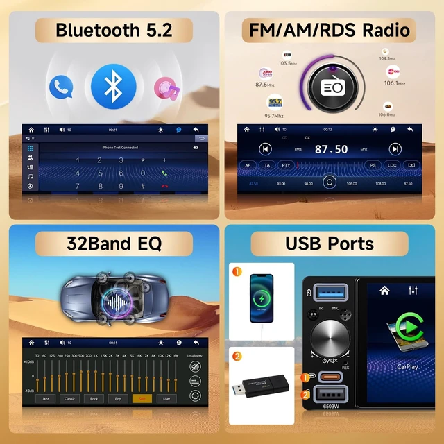 Alt view image 5 of 5 - Single Din Stereo Receiver 6.5'' Touchscreen Wireless CarPlay Android Auto