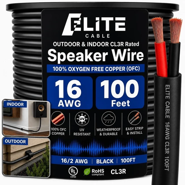 Main image of Elite 16/2 Speaker Wire 100ft, UL Listed, CMR/CL3R, (Riser/in-Wall & Outdoor/In-Ground (Direct Burial)- 100% Oxygen Free Pure Bare Copper (OFC), 16AWG/2-Conductor, 100ft Bulk Cable (65 Strands) Black