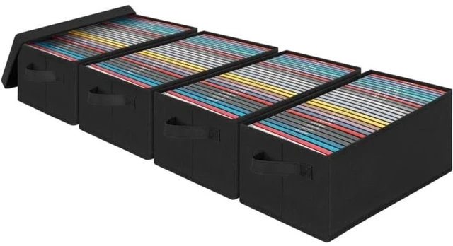 Main image of GYXZ DVD Storage Box 4 Pack, 13.78x7.87x5.71 Inch Stackable Foldable Organizer with Lid & Handles, Holds 80 Standard/160 Slim Discs for Blu-ray/Games/Movies, Space-Saving, Black