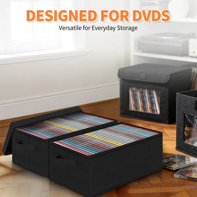 Alt view image 2 of 5 - GYXZ DVD Storage Box 4 Pack, 13.78x7.87x5.71 Inch Stackable Foldable Organizer with Lid & Handles, Holds 80 Standard/160 Slim Discs for Blu-ray/Games/Movies, Space-Saving, Black