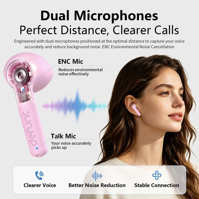 Alt view image 3 of 5 - Defunc True LITE II Wireless Earbuds Bluetooth 6.0, Semi in-Ear Headphones with ENC Clear Calls, Low Latency, 20H Playtime, IPX4 Waterproof, Comfortable Fit with AI App Support (Pink)
